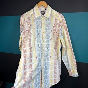 Robert Grahams Men’s Aztec Button Up Shirt Embroidered sz L Flip Cuff Multicolor